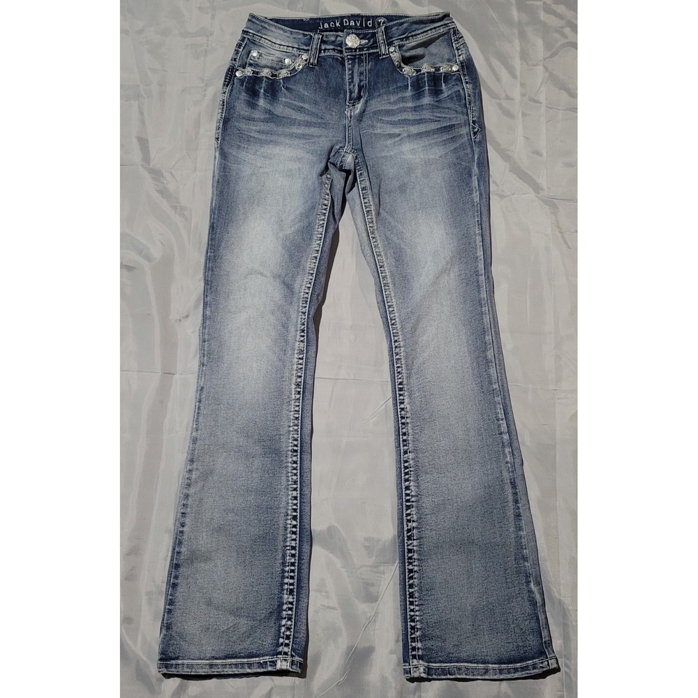 Jack David Jeans Women Sz 7 Rhinestone Flap‎ Pocket Bootcut Thick Stitch